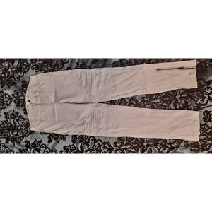 Large Beige denim moto-style pants feature ribbed knee panels and zipper Ankles